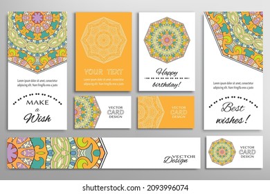 Big set of greeting Cards or wedding Invitations. Postcards template with inscription Make a Wish, Best Wishes, Happy Birthday. Banner, business cards with mandala ornament. Isolated design elements