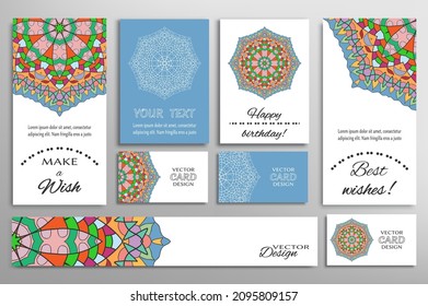 Big set of greeting Cards or wedding Invitations. Postcards template with inscription Make a Wish, Best Wishes, Happy Birthday. Banner, business cards with mandala ornament. Isolated design elements