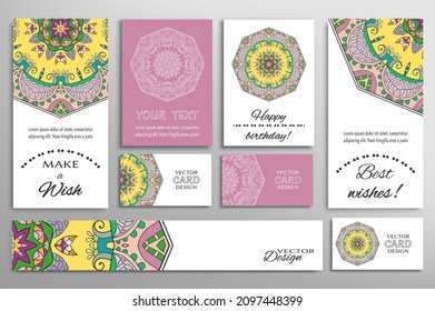 Big set of greeting Cards or wedding Invitations. Postcards template with inscription Make a Wish, Best Wishes, Happy Birthday. Banner, business cards with mandala ornament. Isolated design elements