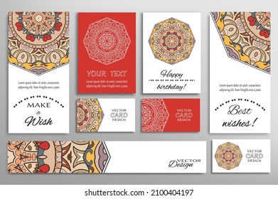 Big set of greeting Cards or wedding Invitations. Postcards template with inscription Make a Wish, Best Wishes, Happy Birthday. Banner, business cards with mandala ornament. Isolated design elements