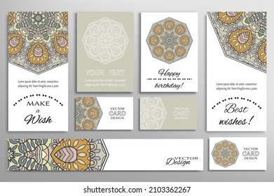 Big set of greeting Cards or wedding Invitations. Postcards template with inscription Make a Wish, Best Wishes, Happy Birthday. Banner, business cards with mandala ornament. Isolated design elements