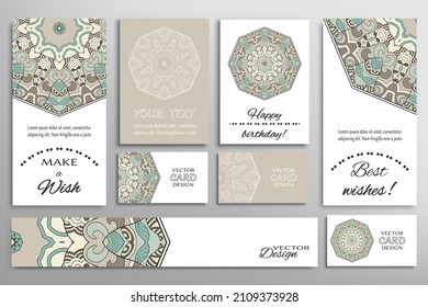Big set of greeting Cards or wedding Invitations. Postcards template with inscription Make a Wish, Best Wishes, Happy Birthday. Banner, business cards with mandala ornament. Isolated design elements