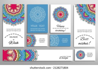 Big set of greeting Cards or wedding Invitations. Postcards template with inscription Make a Wish, Best Wishes, Happy Birthday. Banner, business cards with mandala ornament. Isolated design elements