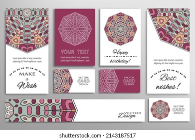 Big set of greeting Cards or wedding Invitations. Postcards template with inscription Make a Wish, Best Wishes, Happy Birthday. Banner, business cards with mandala ornament. Isolated design elements