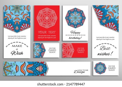 Big set of greeting Cards or wedding Invitations. Postcards template with inscription Make a Wish, Best Wishes, Happy Birthday. Banner, business cards with mandala ornament. Isolated design elements