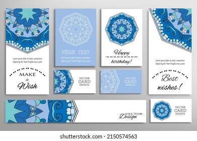 Gran juego de tarjetas de felicitación o invitaciones de boda. Plantilla de postales con inscripción Hacer un deseo, mejores deseos, cumpleaños feliz. Cartel, tarjetas de visita con ornamento mandala. Elementos de diseño aislados