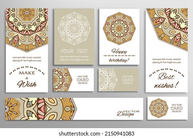 Big set of greeting Cards or wedding Invitations. Postcards template with inscription Make a Wish, Best Wishes, Happy Birthday. Banner, business cards with mandala ornament. Isolated design elements