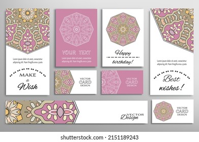 Big set of greeting Cards or wedding Invitations. Postcards template with inscription Make a Wish, Best Wishes, Happy Birthday. Banner, business cards with mandala ornament. Isolated design elements