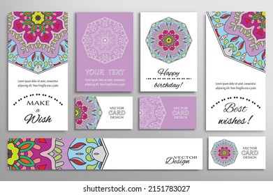 Big set of greeting Cards or wedding Invitations. Postcards template with inscription Make a Wish, Best Wishes, Happy Birthday. Banner, business cards with mandala ornament. Isolated design elements