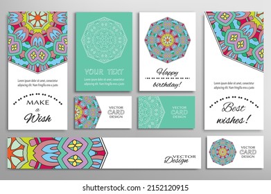 Big set of greeting Cards or wedding Invitations. Postcards template with inscription Make a Wish, Best Wishes, Happy Birthday. Banner, business cards with mandala ornament. Isolated design elements