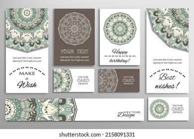 Big set of greeting Cards or wedding Invitations. Postcards template with inscription Make a Wish, Best Wishes, Happy Birthday. Banner, business cards with mandala ornament. Isolated design elements