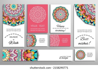 Big set of greeting Cards or wedding Invitations. Postcards template with inscription Make a Wish, Best Wishes, Happy Birthday. Banner, business cards with mandala ornament. Isolated design elements
