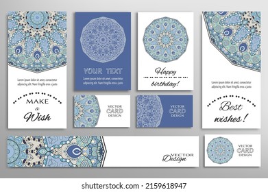 Gran juego de tarjetas de felicitación o invitaciones de boda. Plantilla de postales con inscripción Hacer un deseo, mejores deseos, cumpleaños feliz. Cartel, tarjetas de visita con ornamento mandala. Elementos de diseño aislados