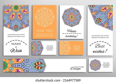 Big set of greeting Cards or wedding Invitations. Postcards template with inscription Make a Wish, Best Wishes, Happy Birthday. Banner, business cards with mandala ornament. Isolated design elements