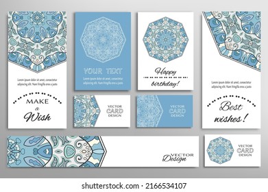 Big set of greeting Cards or wedding Invitations. Postcards template with inscription Make a Wish, Best Wishes, Happy Birthday. Banner, business cards with mandala ornament. Isolated design elements