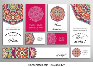 Big set of greeting Cards or wedding Invitations. Postcards template with inscription Make a Wish, Best Wishes, Happy Birthday. Banner, business cards with mandala ornament. Isolated design elements