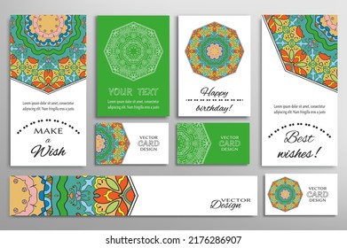 Big set of greeting Cards or wedding Invitations. Postcards template with inscription Make a Wish, Best Wishes, Happy Birthday. Banner, business cards with mandala ornament. Isolated design elements