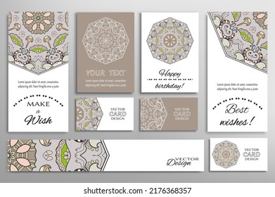 Gran juego de tarjetas de felicitación o invitaciones de boda. Plantilla de postales con inscripción Hacer un deseo, mejores deseos, cumpleaños feliz. Cartel, tarjetas de visita con ornamento mandala. Elementos de diseño aislados