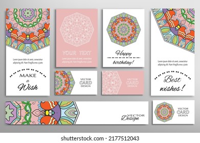 Big set of greeting Cards or wedding Invitations. Postcards template with inscription Make a Wish, Best Wishes, Happy Birthday. Banner, business cards with mandala ornament. Isolated design elements