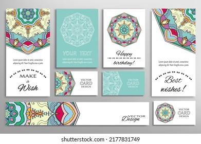 Big set of greeting Cards or wedding Invitations. Postcards template with inscription Make a Wish, Best Wishes, Happy Birthday. Banner, business cards with mandala ornament. Isolated design elements