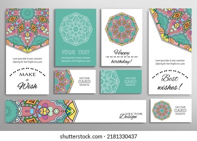 Big set of greeting Cards or wedding Invitations. Postcards template with inscription Make a Wish, Best Wishes, Happy Birthday. Banner, business cards with mandala ornament. Isolated design elements