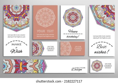 Big set of greeting Cards or wedding Invitations. Postcards template with inscription Make a Wish, Best Wishes, Happy Birthday. Banner, business cards with mandala ornament. Isolated design elements