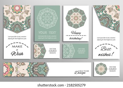 Big set of greeting Cards or wedding Invitations. Postcards template with inscription Make a Wish, Best Wishes, Happy Birthday. Banner, business cards with mandala ornament. Isolated design elements