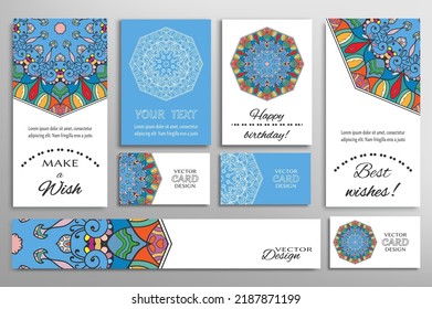 Big set of greeting Cards or wedding Invitations. Postcards template with inscription Make a Wish, Best Wishes, Happy Birthday. Banner, business cards with mandala ornament. Isolated design elements