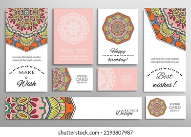Big set of greeting Cards or wedding Invitations. Postcards template with inscription Make a Wish, Best Wishes, Happy Birthday. Banner, business cards with mandala ornament. Isolated design elements