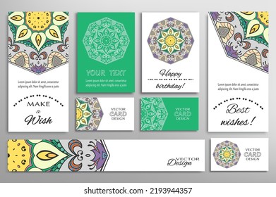 Big set of greeting Cards or wedding Invitations. Postcards template with inscription Make a Wish, Best Wishes, Happy Birthday. Banner, business cards with mandala ornament. Isolated design elements