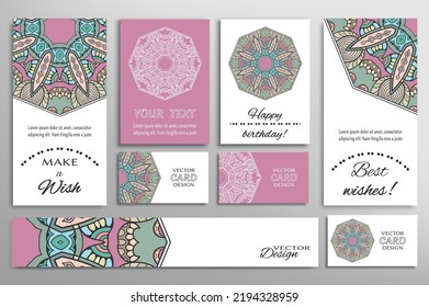 Big set of greeting Cards or wedding Invitations. Postcards template with inscription Make a Wish, Best Wishes, Happy Birthday. Banner, business cards with mandala ornament. Isolated design elements