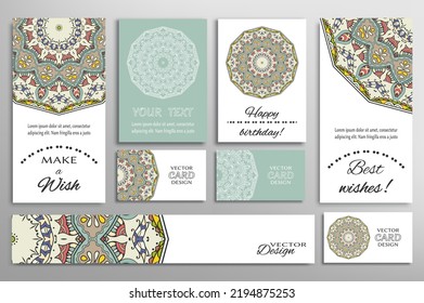 Big set of greeting Cards or wedding Invitations. Postcards template with inscription Make a Wish, Best Wishes, Happy Birthday. Banner, business cards with mandala ornament. Isolated design elements