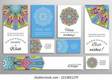 Big set of greeting Cards or wedding Invitations. Postcards template with inscription Make a Wish, Best Wishes, Happy Birthday. Banner, business cards with mandala ornament. Isolated design elements