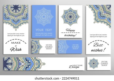 Big set of greeting Cards or wedding Invitations. Postcards template with inscription Make a Wish, Best Wishes, Happy Birthday. Banner, business cards with mandala ornament. Isolated design elements