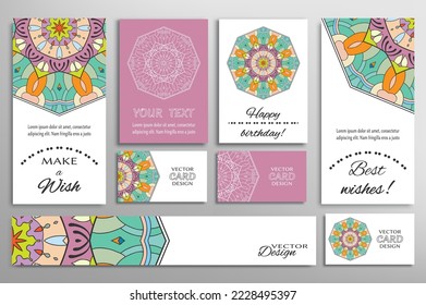 Big set of greeting Cards or wedding Invitations. Postcards template with inscription Make a Wish, Best Wishes, Happy Birthday. Banner, business cards with mandala ornament. Isolated design elements