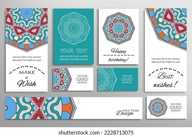 Big set of greeting Cards or wedding Invitations. Postcards template with inscription Make a Wish, Best Wishes, Happy Birthday. Banner, business cards with mandala ornament. Isolated design elements