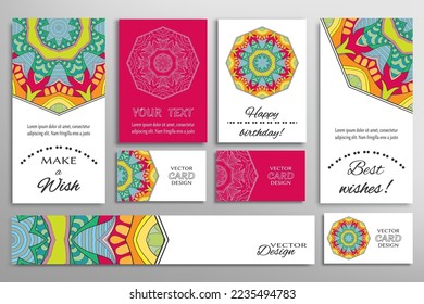 Gran juego de tarjetas de felicitación o invitaciones de boda. Plantilla de postales con inscripción Hacer un deseo, mejores deseos, cumpleaños feliz. Cartel, tarjetas de visita con ornamento mandala. Elementos de diseño aislados