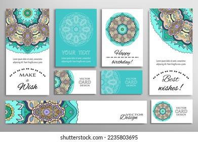 Big set of greeting Cards or wedding Invitations. Postcards template with inscription Make a Wish, Best Wishes, Happy Birthday. Banner, business cards with mandala ornament. Isolated design elements