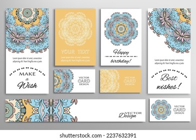 Big set of greeting Cards or wedding Invitations. Postcards template with inscription Make a Wish, Best Wishes, Happy Birthday. Banner, business cards with mandala ornament. Isolated design elements