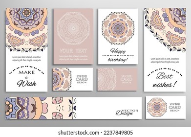 Big set of greeting Cards or wedding Invitations. Postcards template with inscription Make a Wish, Best Wishes, Happy Birthday. Banner, business cards with mandala ornament. Isolated design elements