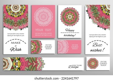 Big set of greeting Cards or wedding Invitations. Postcards template with inscription Make a Wish, Best Wishes, Happy Birthday. Banner, business cards with mandala ornament. Isolated design elements