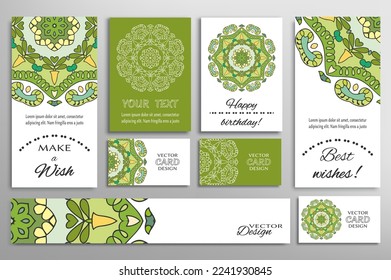 Big set of greeting Cards or wedding Invitations. Postcards template with inscription Make a Wish, Best Wishes, Happy Birthday. Banner, business cards with mandala ornament. Isolated design elements