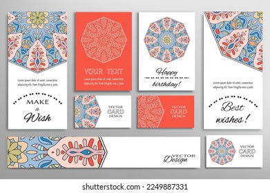 Big set of greeting Cards or wedding Invitations. Postcards template with inscription Make a Wish, Best Wishes, Happy Birthday. Banner, business cards with mandala ornament. Isolated design elements