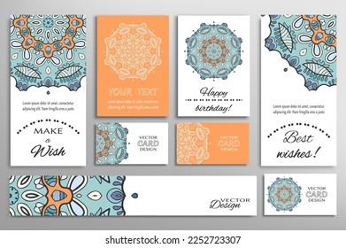 Big set of greeting Cards or wedding Invitations. Postcards template with inscription Make a Wish, Best Wishes, Happy Birthday. Banner, business cards with mandala ornament. Isolated design elements