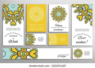 Big set of greeting Cards or wedding Invitations. Postcards template with inscription Make a Wish, Best Wishes, Happy Birthday. Banner, business cards with mandala ornament. Isolated design elements