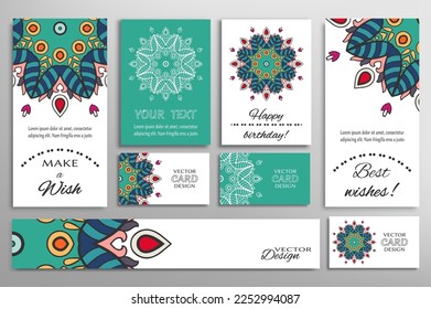 Big set of greeting Cards or wedding Invitations. Postcards template with inscription Make a Wish, Best Wishes, Happy Birthday. Banner, business cards with mandala ornament. Isolated design elements