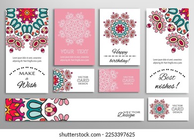 Big set of greeting Cards or wedding Invitations. Postcards template with inscription Make a Wish, Best Wishes, Happy Birthday. Banner, business cards with mandala ornament. Isolated design elements