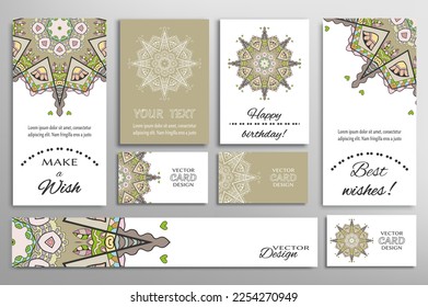 Big set of greeting Cards or wedding Invitations. Postcards template with inscription Make a Wish, Best Wishes, Happy Birthday. Banner, business cards with mandala ornament. Isolated design elements