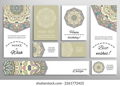 Big set of greeting Cards or wedding Invitations. Postcards template with inscription Make a Wish, Best Wishes, Happy Birthday. Banner, business cards with mandala ornament. Isolated design elements