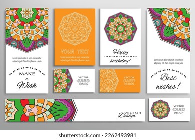 Big set of greeting Cards or wedding Invitations. Postcards template with inscription Make a Wish, Best Wishes, Happy Birthday. Banner, business cards with mandala ornament. Isolated design elements